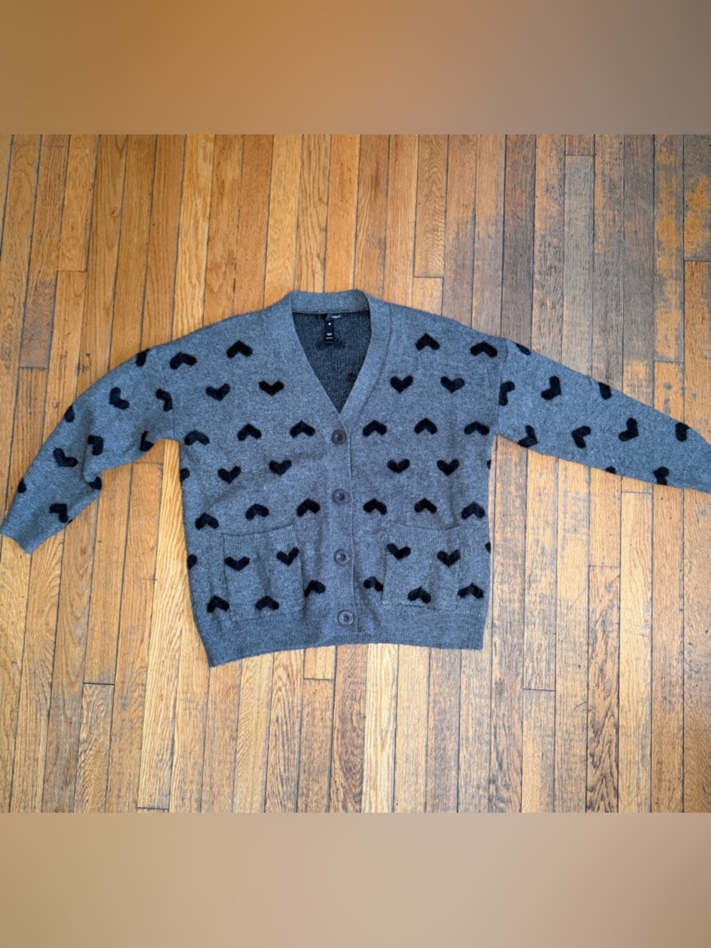 AQUA Heart Print Cardigan Sweater Gray Black Flocked Button Front Pockets Size L